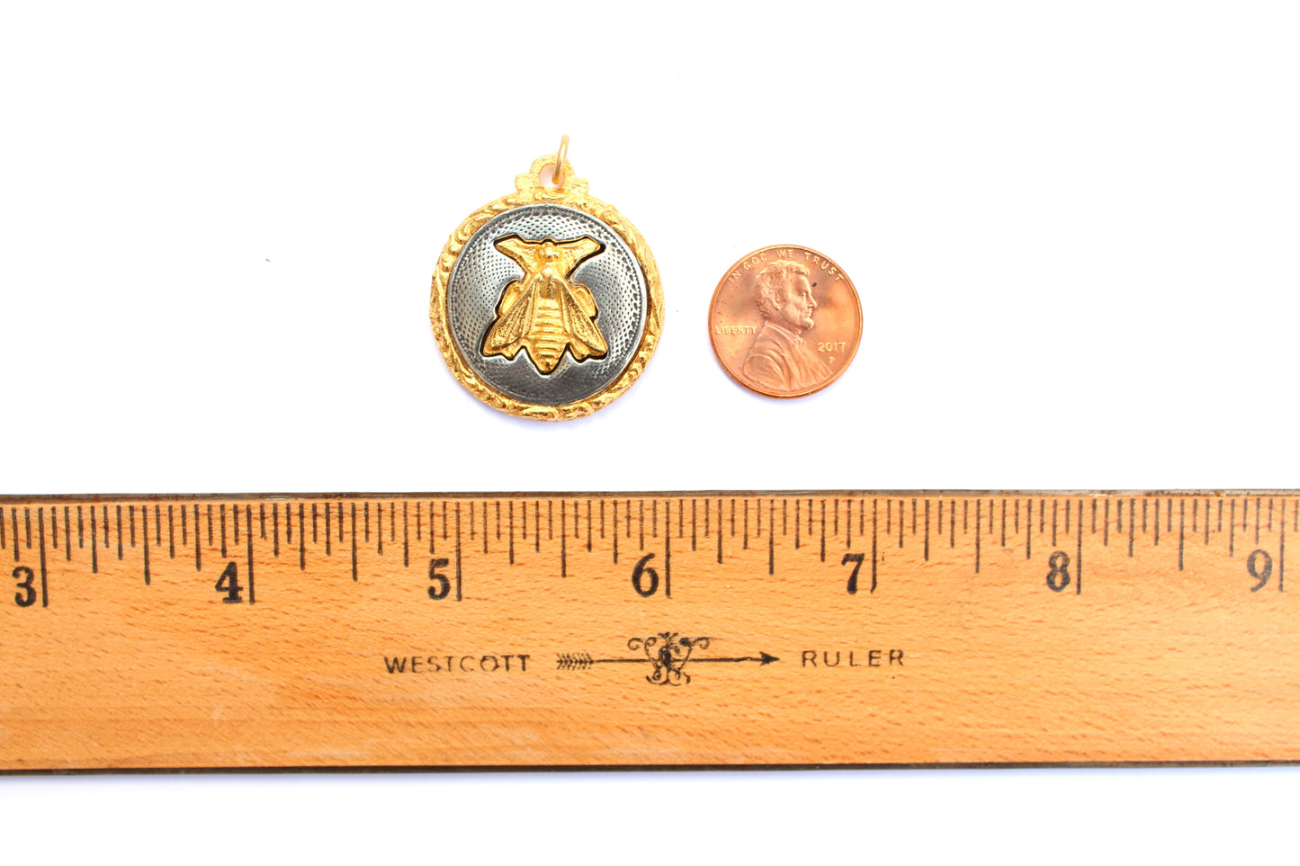Etched Bee Button Pendant With Ornate Bezel In Mixed Metal Britannium