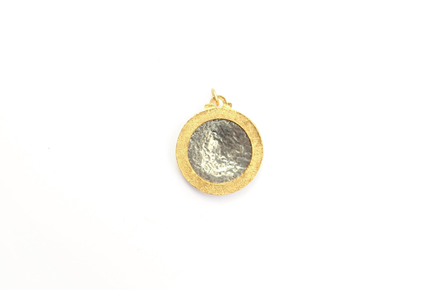 Etched Bee Button Pendant With Ornate Bezel In Mixed Metal Britannium