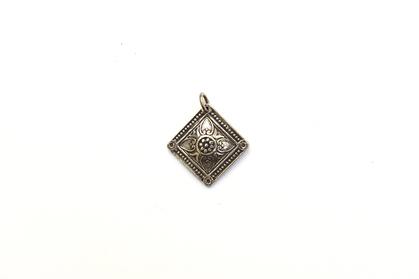 Square Shield Pendant in Britannium– Floral Elegance with Beaded Border
