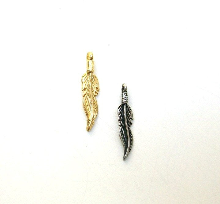 Gold Charm, Feather Charm, Feather Jewelry, Feather Pendant, Britanium Charm, Pewter, Pewter Feather