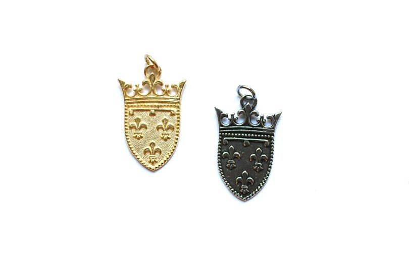 Gold Ornate Shield, Fleur De Lis, Shield Charm, Renaissance Charm, Silver Charm, Gold Charm, Charm Bracelet, Jewelry Finding, Component