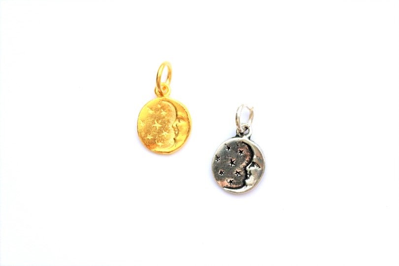 Gold Crescent Moon Coin Charm, Gold Moon, Space Charm, Celestial Jewelry, Cosmic Charm, Crescent Moon, Man In The Moon, Jewelry Finding,Moon