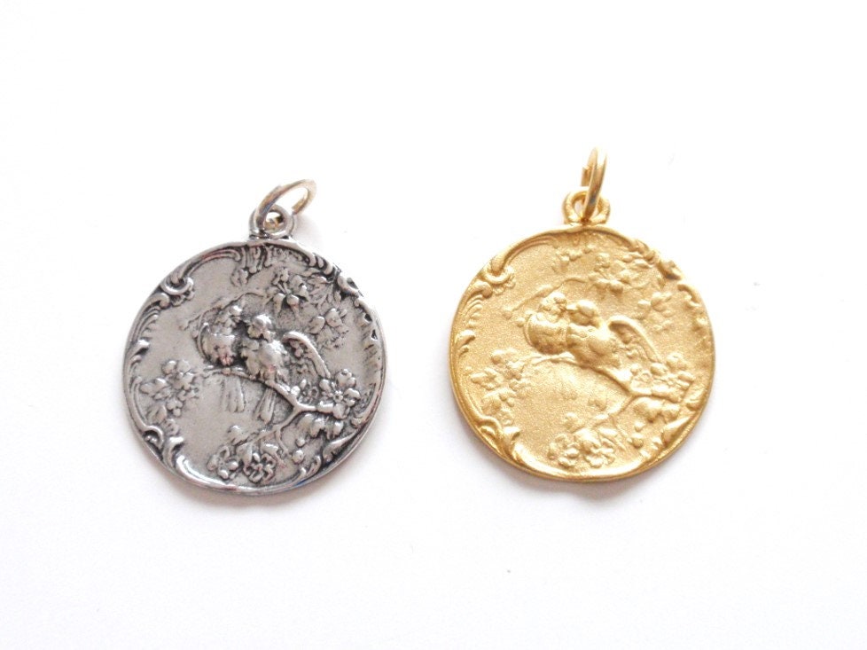 Gold Love Birds Charm, Bird Charm, Bird Jewelry, Nature Jewelry, Bird Pendant, Gold Charm, Bird Pendant, Love Charm, Coin Pendant,Coin Charm