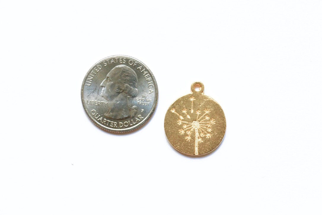 Gold Dandelion Coin Charm, Dandelion Charm, Pewter Charm, Flower Charm, Gold Flower, Gold Charm, Britannium, Wish Charm, Wish Pendant