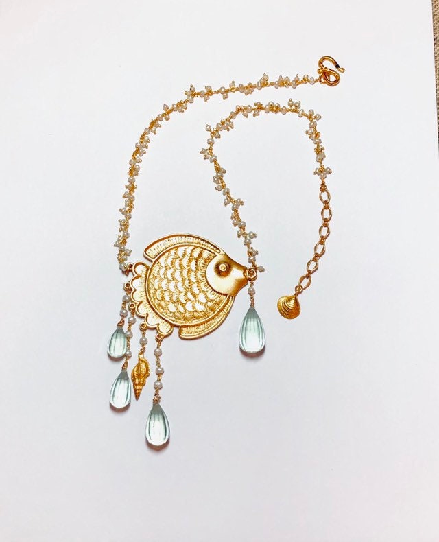 Gold Fish Pendant, Gold Medallion Pendant, Multi Strand Component, Large Pendant, Gold Pendant, Ocean Necklace, Beach Jewelry, Statement