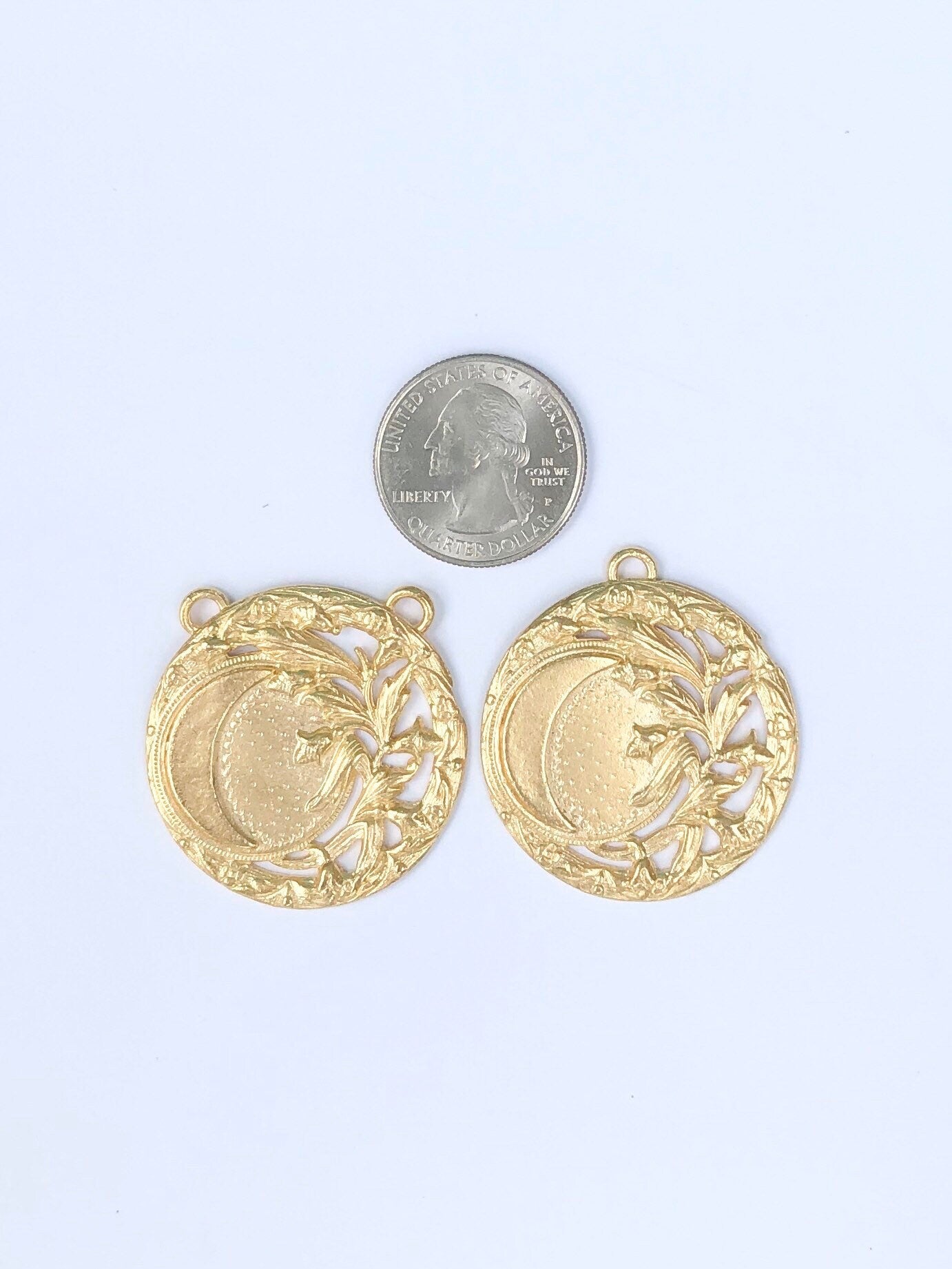 Gold Crescent Moon, Coin Charm, Gold Moon, Space Charm, Celestial Jewelry, Cosmic Charm, Crescent Moon, Man In The Moon, Jewelry Finding