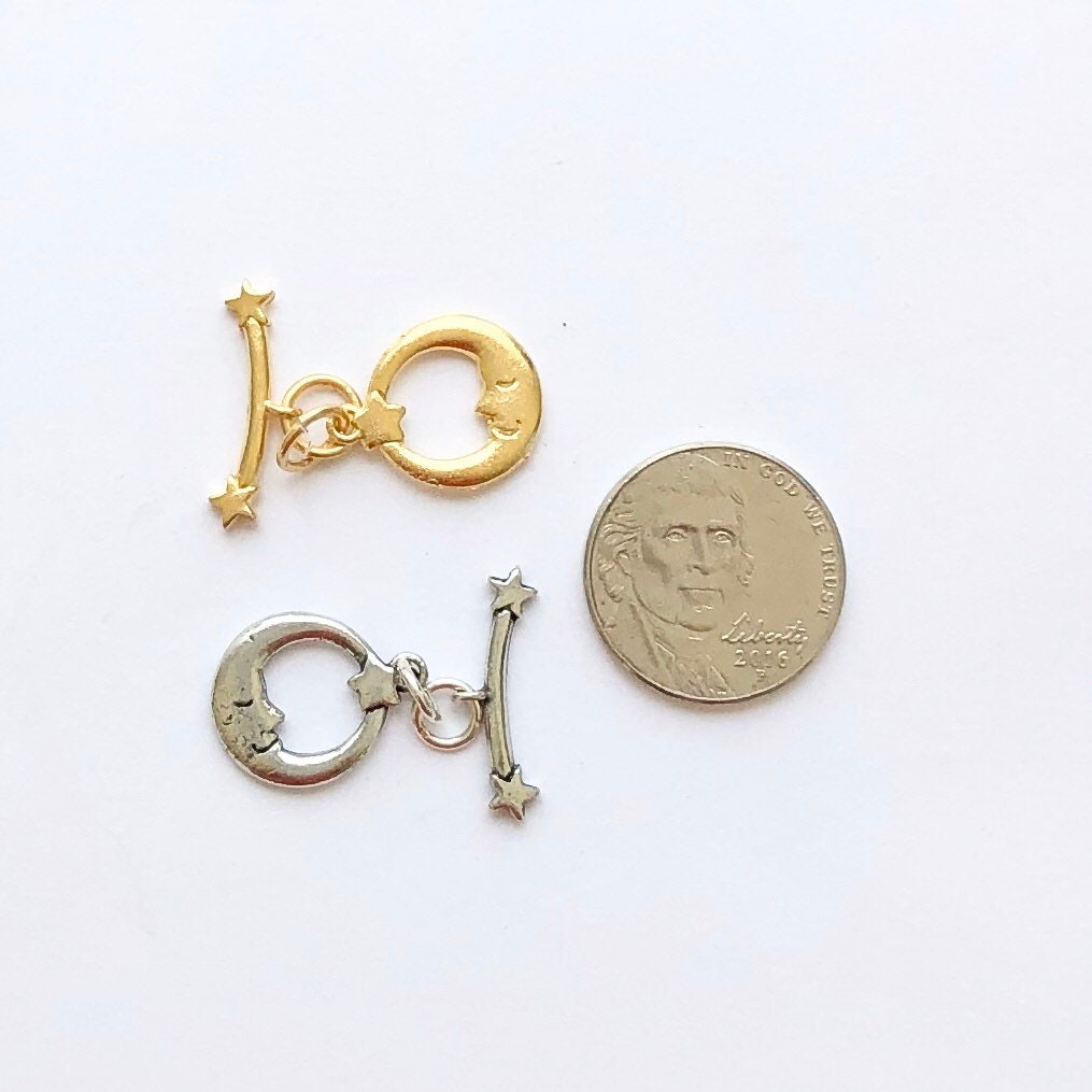Moon and Star Toggle, Astrology, Gold Toggle, Britannium Toggle, Pewter Toggle, Celestial Clasp, Jewelry Finding, Crescent Moon Clasp