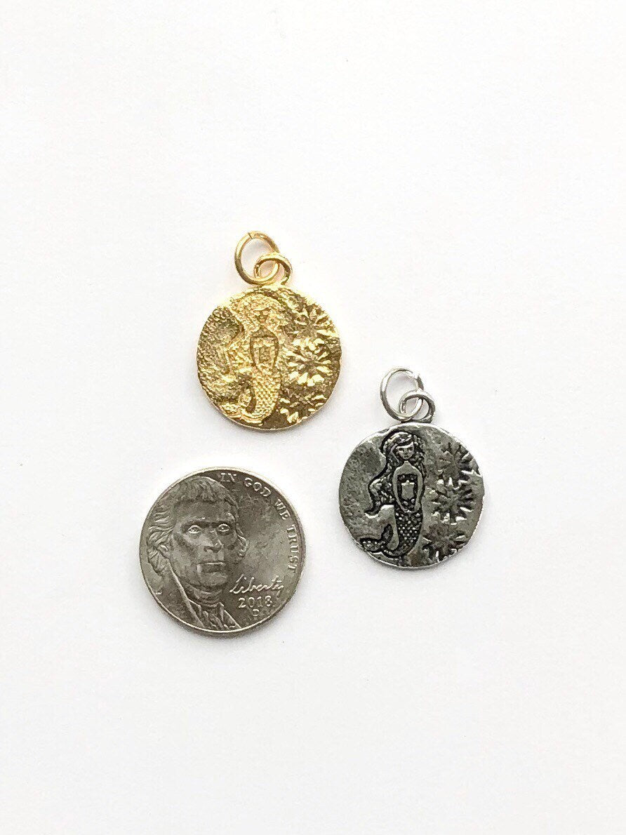 Mermaid, Mermaid Pendant, Mermaid Coin Charm, Gold Pendant, Nautical Jewelry, Nautical Charm, Gold Charm, Pewter Charm, Gold Mermaid