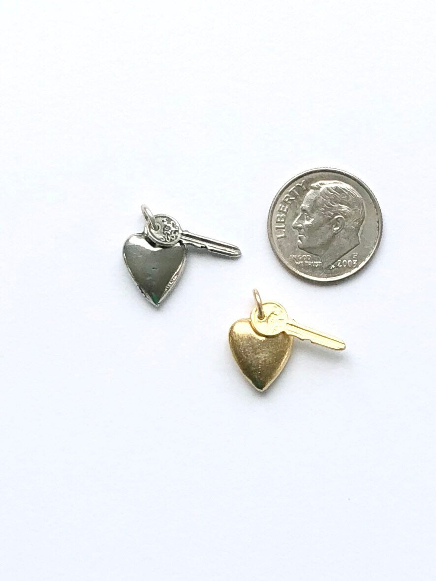 Tiny Key Charm, Gold Key, Tiny Heart Charm, Charm Bracelet, Key Charm, Gold Heart Charm, Vintage Key, Vintage Charm, Lock and Key, Cute Key
