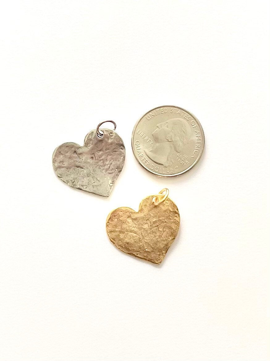 Hammered Heart, Charm Bracelet, Valentine Heart, Gold Charm, Gold Pendant, Jewelry Component, Gold Heart, Silver Heart