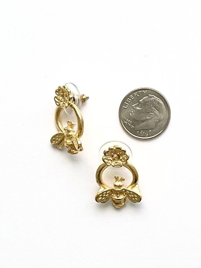 Tiny Bee Hoop Stud Earrings, Small Gold Bee Earrings, Bumble Bee Post, Garden Earrings, Bee Earrings, Queen Bee Jewelry, Tiny Bee Jewelry