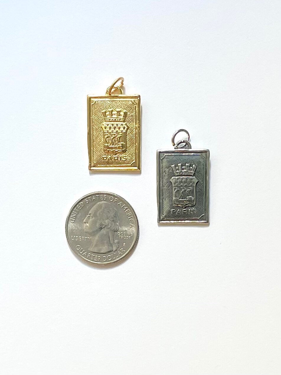 Paris Charm, French Charm, Gold Charm, Paris Coat of Arms, French Stamp, Crown Charm, Gold Pendant, Silver Pendant
