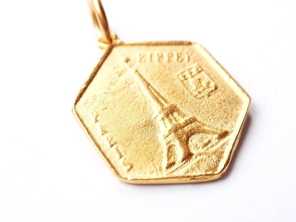 Gold Eiffel Tower Charm, Parisian Charm, Coin Jewelry, Paris Necklace, French Coin, Coin Charm, Eiffel Tower, French Jewelry, Paris Charm