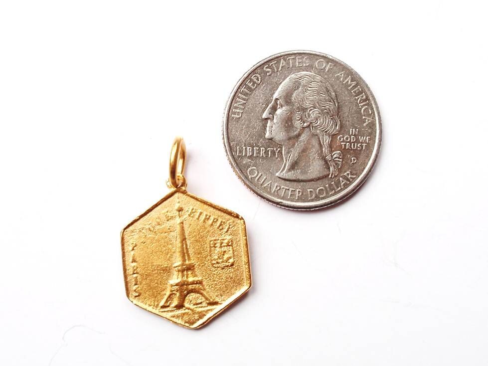 Gold Eiffel Tower Charm, Parisian Charm, Coin Jewelry, Paris Necklace, French Coin, Coin Charm, Eiffel Tower, French Jewelry, Paris Charm
