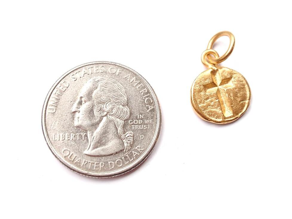 Small Gold Cross Coin Charm, Gold Charm, Gold Cross, Rosary Charm, Christian Necklace, Religious Jewelry, Christian Jewelry, Catholic Charm