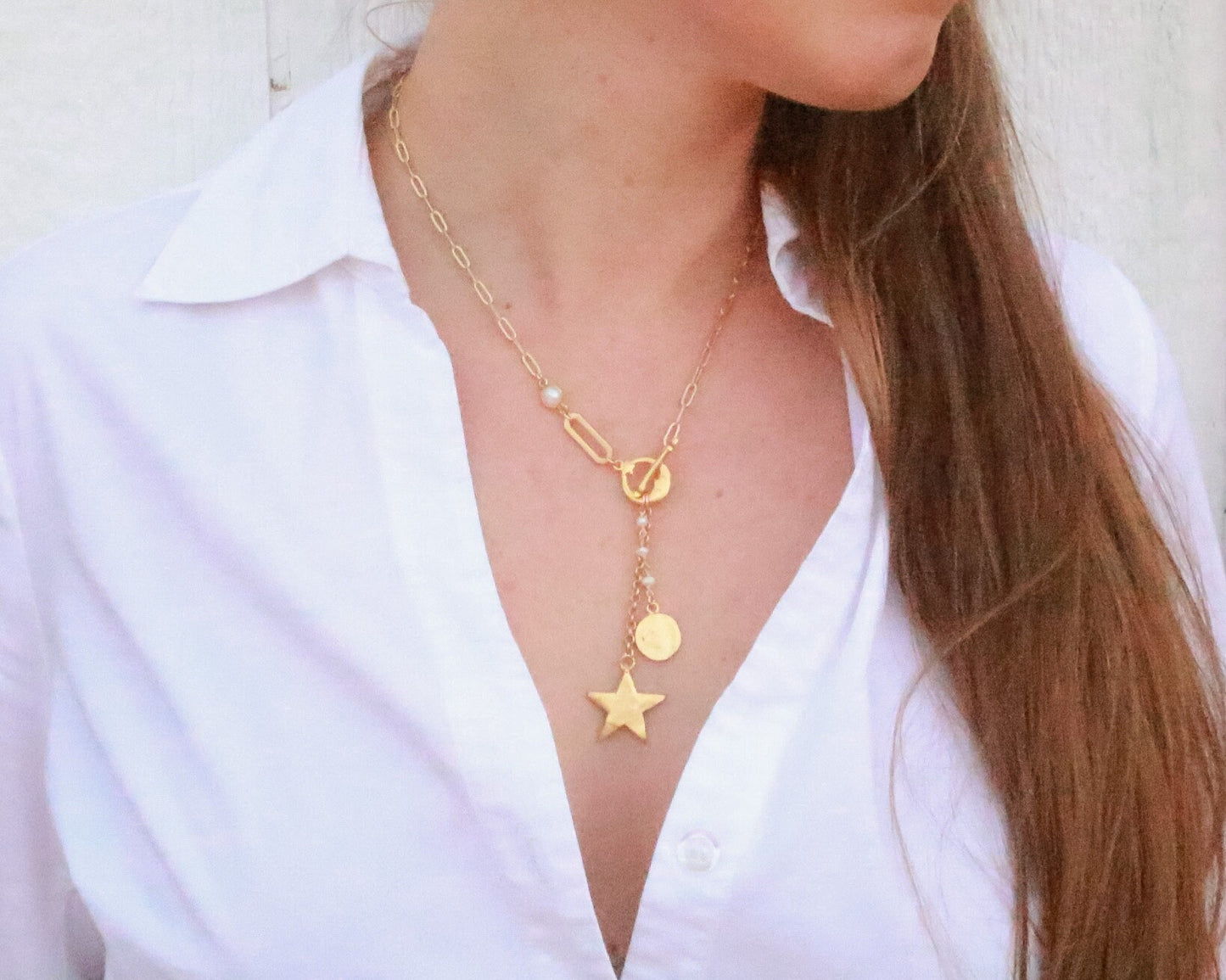 The Estrella Necklace - Gold Celestial Charm Necklace, Moon and Stars Necklace, Paperclip Chain Necklace, Space Charms, Pearl Charm Necklace