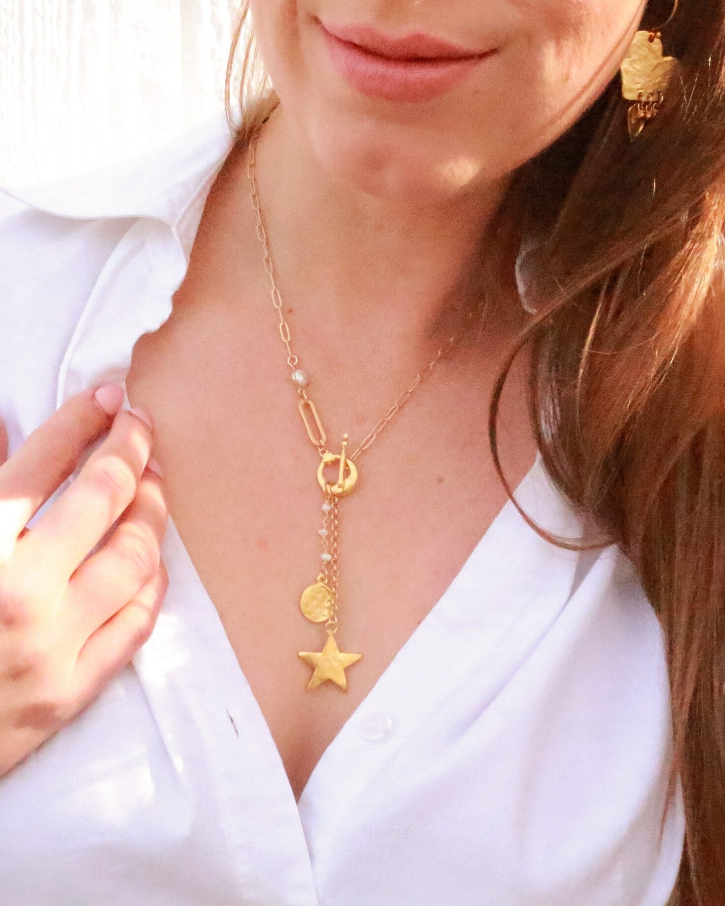 The Estrella Necklace - Gold Celestial Charm Necklace, Moon and Stars Necklace, Paperclip Chain Necklace, Space Charms, Pearl Charm Necklace