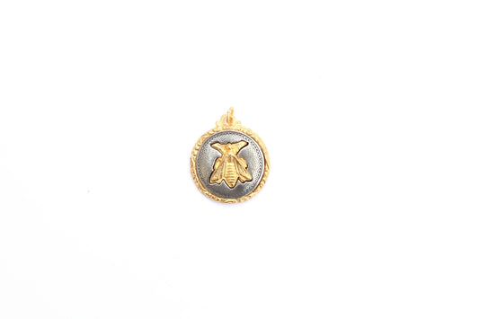 Etched Bee Button Pendant With Ornate Bezel In Mixed Metal Britannium