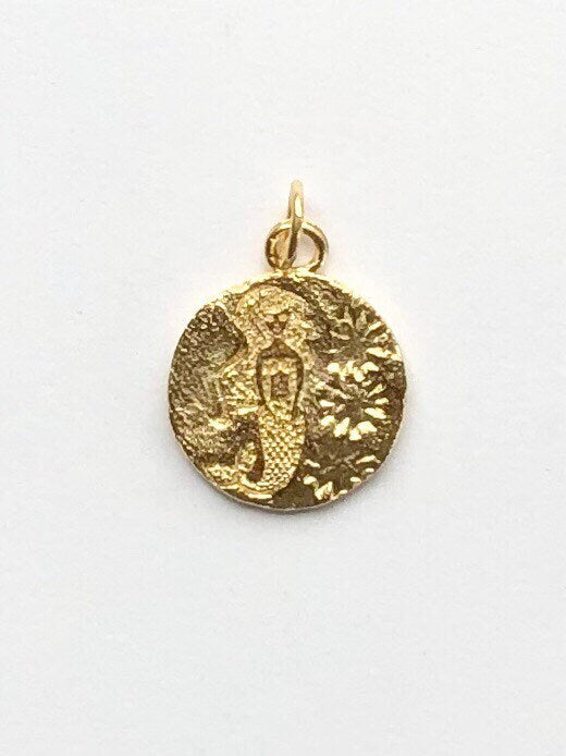 Mermaid, Mermaid Pendant, Mermaid Coin Charm, Gold Pendant, Nautical Jewelry, Nautical Charm, Gold Charm, Pewter Charm, Gold Mermaid