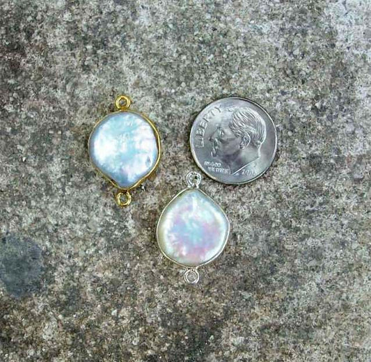 Coin Pearl, Pearl Charm, Flat Pearl, Bezel-set Coin Pearl, Pearl Connector, Gold Pearl Connector, Silver Pearl C