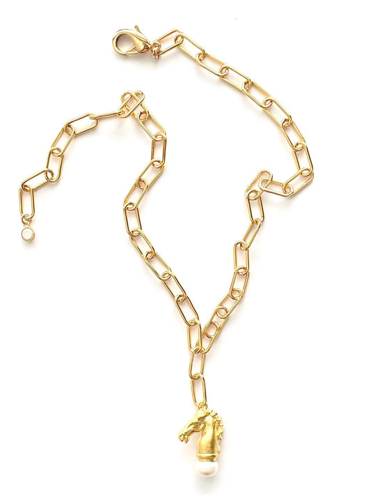 Horse Necklace, Horse Head Charm, Paperclip Necklace, Equestrian Jewelry, Gold Horse Pendant, Equine Jewelry